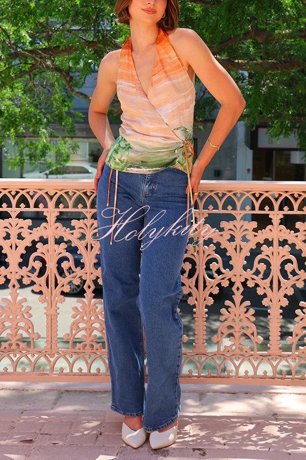 Fairy Tale Town Sunset Unique Print Halter Tie-up Top and Elastic Waist  Pocketed Pants Set