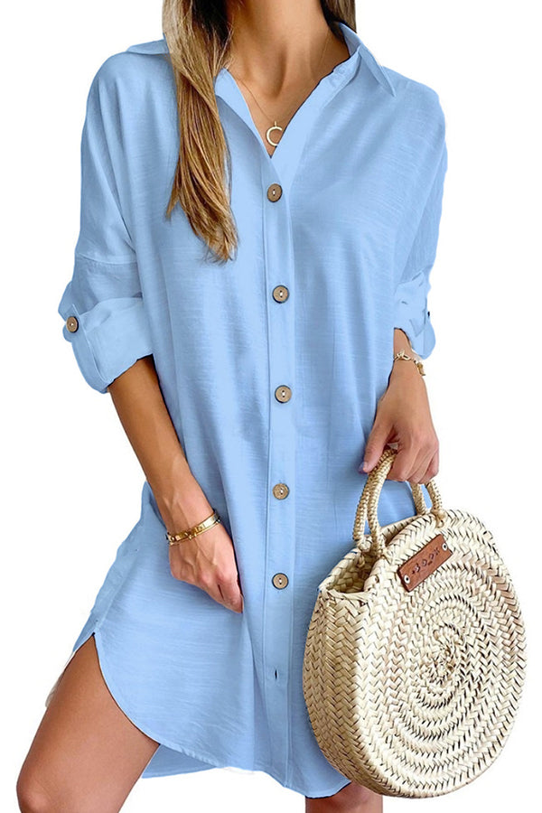 Solid Color Casual Button-Down Shirt Style Mini Dress