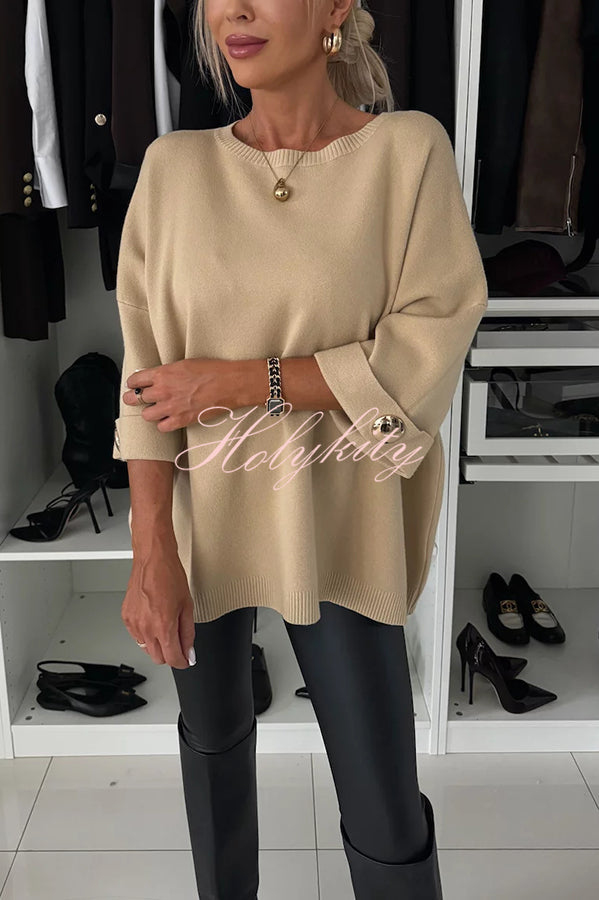 Elegance and Modern Knit Button Detail Half Sleeve Loose Sweater