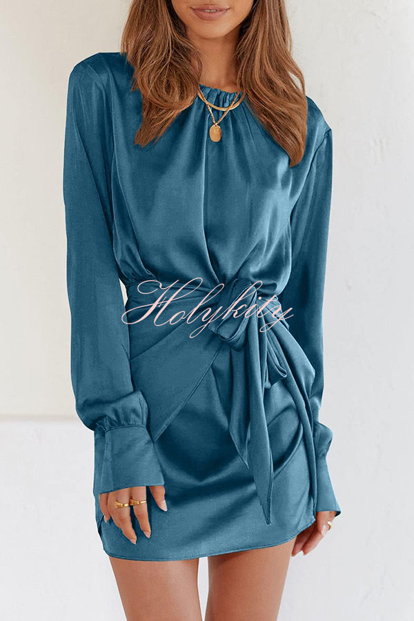 Satin Round Neck Long Sleeve Elastic Tie Mini Dress