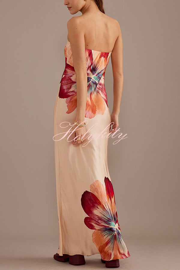 Charming Lady Satin Floral Print Bandeau Loose Maxi Dress