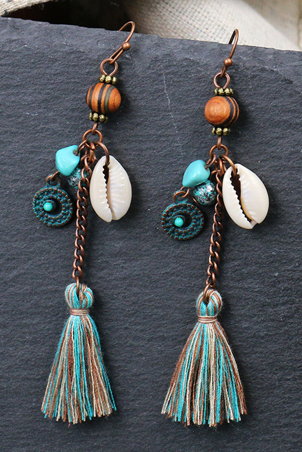 Vintage Wooden Bead Handmade Shell Tassel Earrings