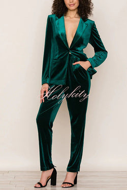 Solid Color Velvet Long-sleeve Blazer and Elastic Waist Pocket Pants Set