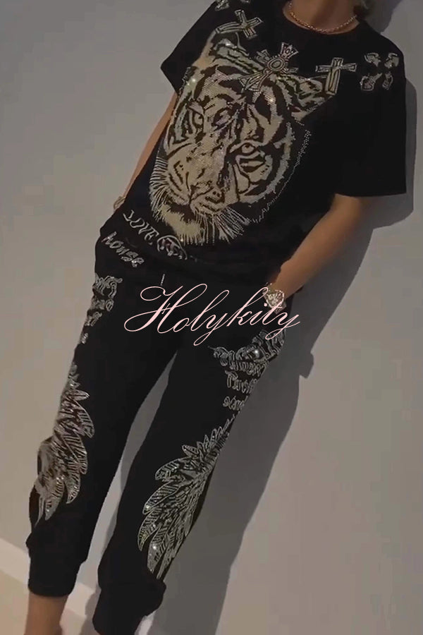 Stylish Tiger Print Short Sleeve Crew Neck Top and Elastic Waist Pocket Pants Set