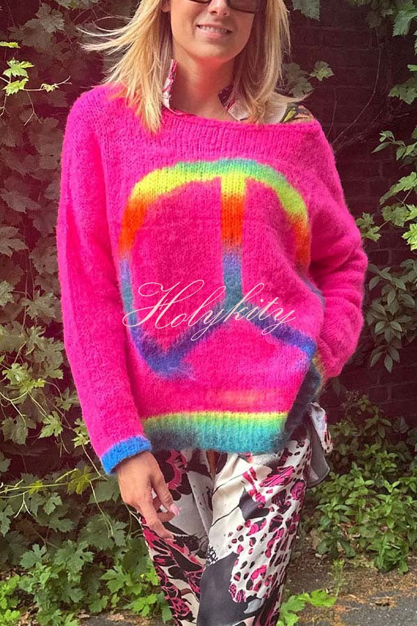 Love and Peace Knit Rainbow Pattern Loose Pullover Sweatershirt