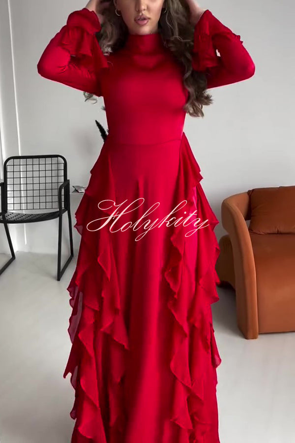 Cline Solid Color High Neck Long Sleeve Elegant Ruffles Maxi Dress