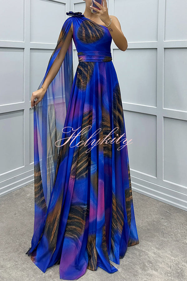 Lucia Unique Print Floral Detail One Shoulder Draped Sleeve Gown Maxi Dress