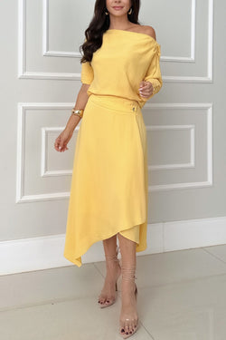 Layne One Shoulder Button Up Ruched Sleeve Top and Asymmetrical Midi Skirt Set