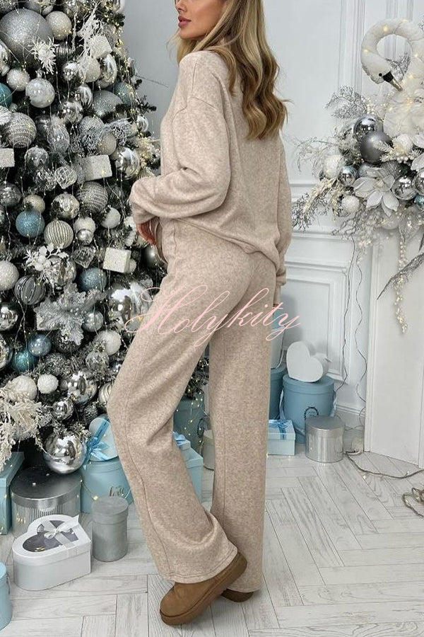 Solid Color Casual Knitted High Neck Long Sleeve Top and Elastic Waist Loose Pants Set