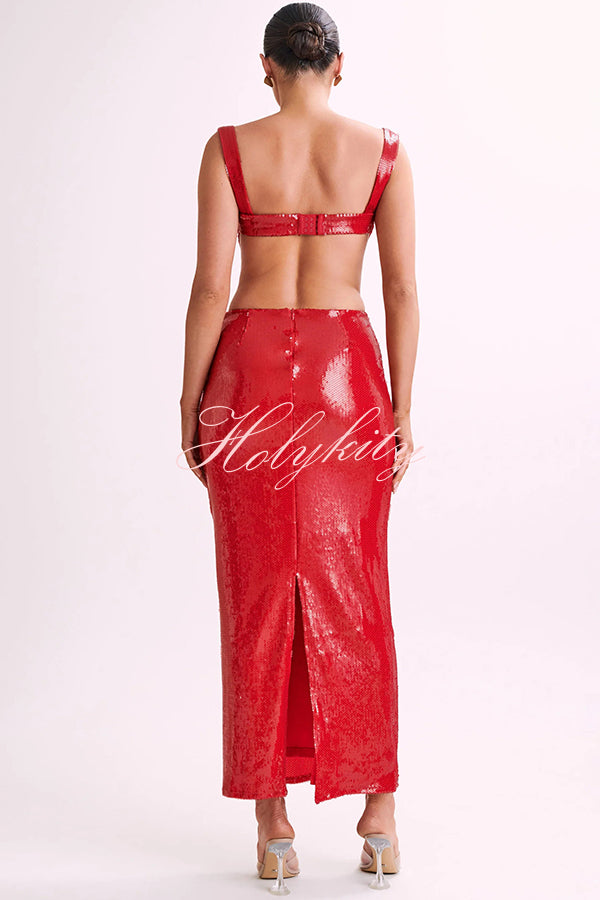 Eye Catching Sequin Cutout Waist Wide Strap Bacakless Maxi Dress