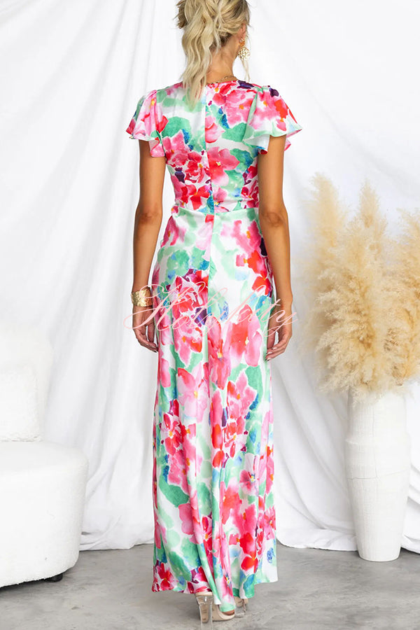 Say I Do Satin Floral Print Cap Sleeves Maxi Dress