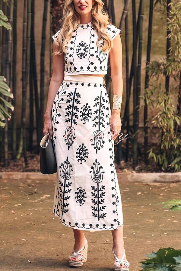 Rima Linen Blend Ethnic Print Crop Top & Tire-up Wrap Midi Skirt Set