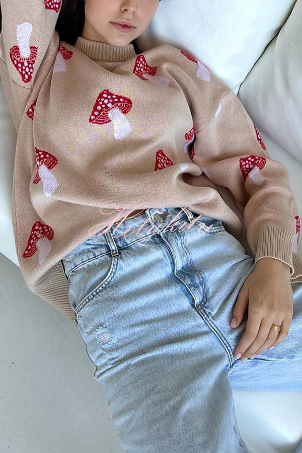 Mushroom Pattern Casual Loose Round Neck Knitted Sweater