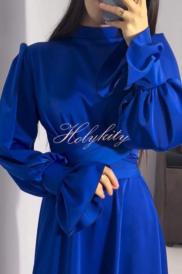 Solid Color Ruffled Sleeves Waisted Tie Slim Fit Maxi Dress