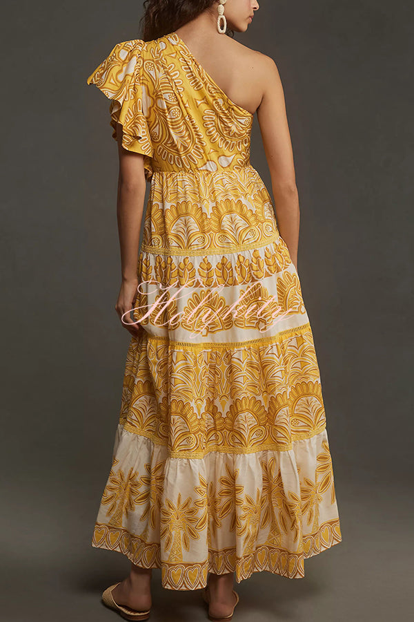 Exquisite Dream Unique Print One Shoulder Ruffle Sleeve Tiered Maxi Dress