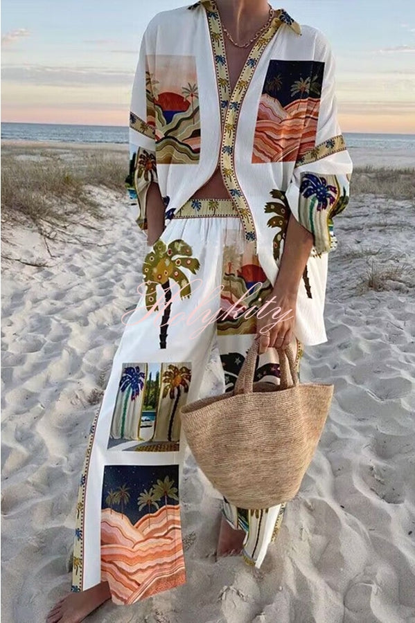 Beach Memories Palm Print Oversized Blouse and Elastic Waist Pocketed Pants Set