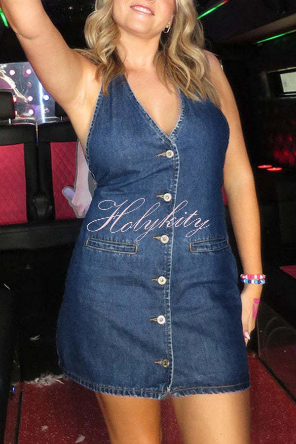 Corbin Denim Button Up Halter Neck Pocketed Mini Dress