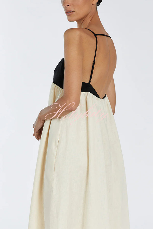 Linen Blend Sexy Sling Backless Contrast Maxi Dress