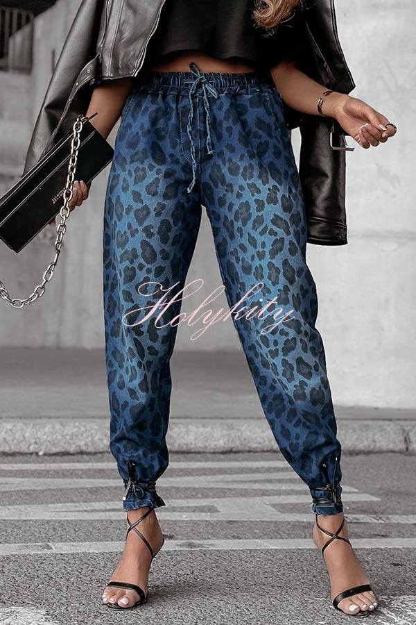 Hilarie Denim Leopard Print Drawstring Waist Pocket Tapered Jeans