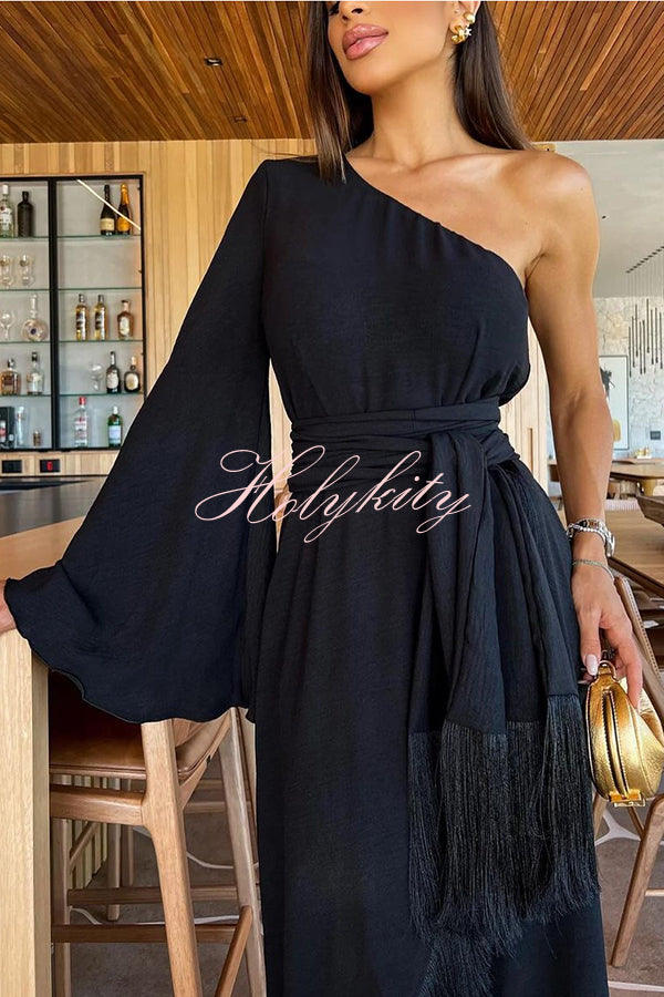 Solid Color One-sleeve Waisted Lace-up Fringed Hem Elegant Maxi Dress