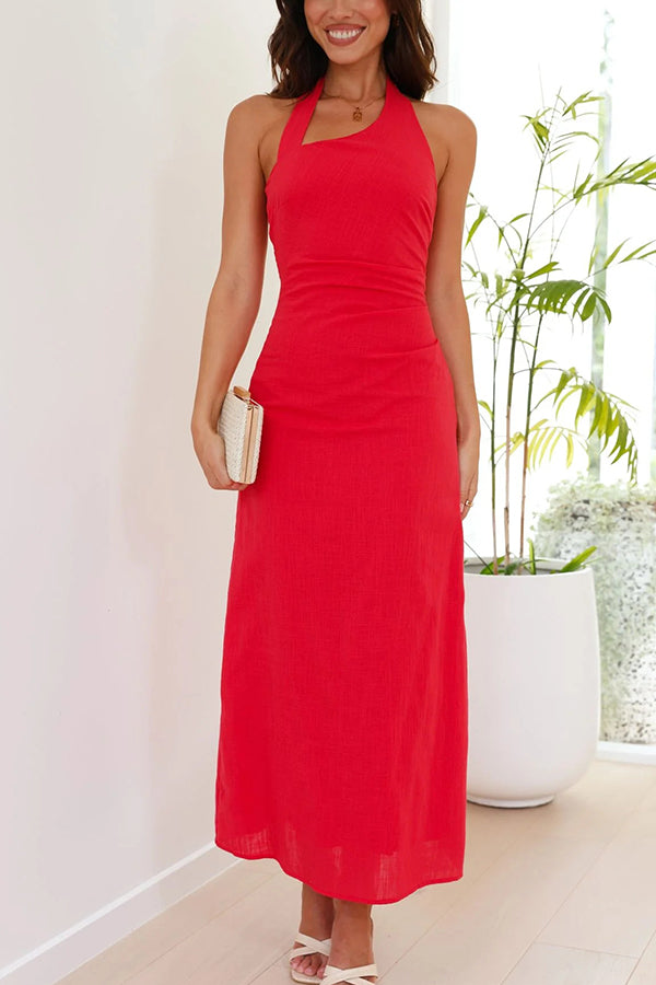 Solid Color Sleeveless Halter Neck Backless Slim Fit Maxi Dress