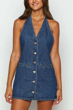 Corbin Denim Button Up Halter Neck Pocketed Mini Dress