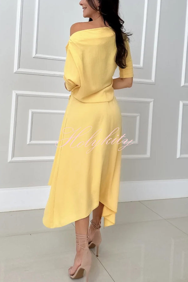 Layne One Shoulder Button Up Ruched Sleeve Top and Asymmetrical Midi Skirt Set