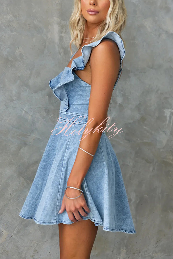 Sweet Secret Denim Square Neck Ruffle Sleeve Stretch Mini Dress