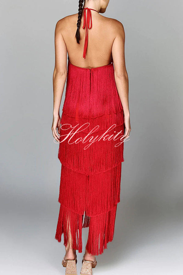 Sexy Halterneck Backless Elegant Fringe Maxi Dress