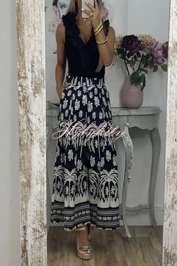 Unique Print Elastic Waist Loose Pocket Holiday Wide Leg Pants