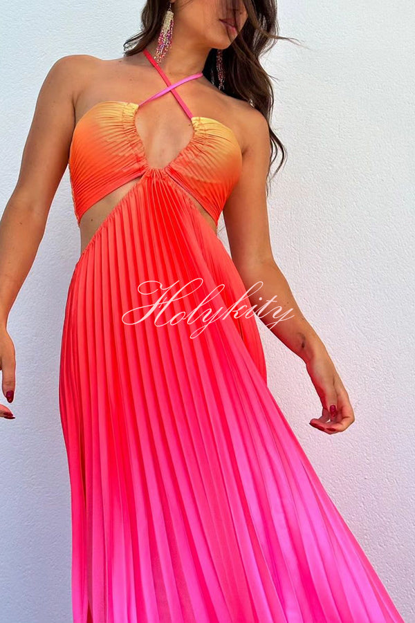 Get Ready Beautiful Gradient Print Cutout Halterneck Pleated Maxi Dress