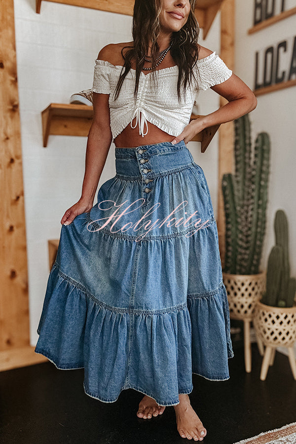 Bohemian High Rise Button Up Loose Denim Pocket Maxi Skirt