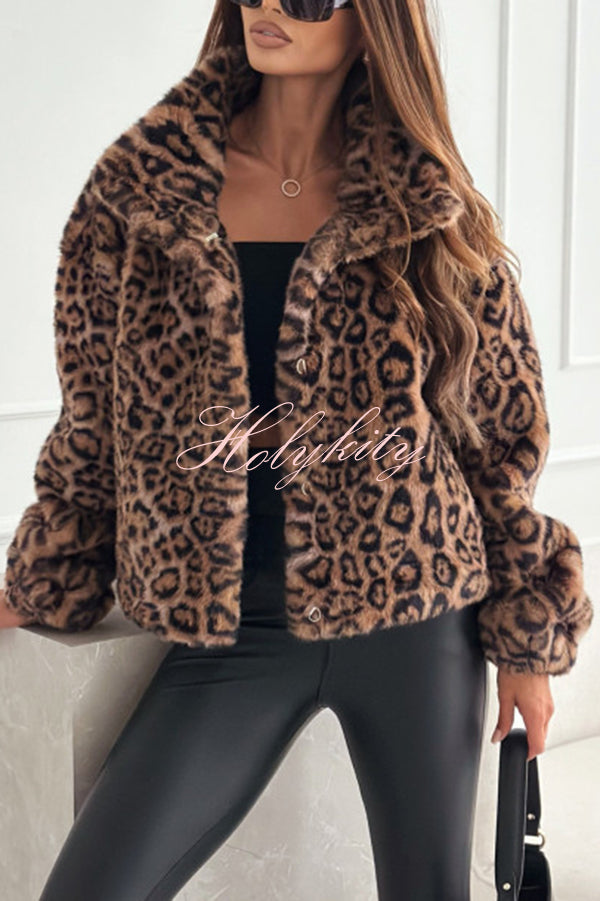 Stylish Leopard Print Lapel Long Sleeve Short Coat