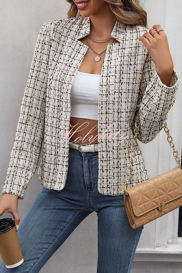 Ask You Out Tweed Plaid Long Sleeve Open Front Blazer