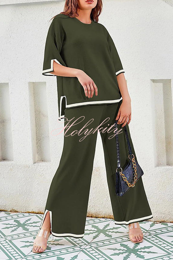 Lounge or Casual Wear Knit Patchwork Color Block Short Sleeve Top and Elastic Wide Leg Pants