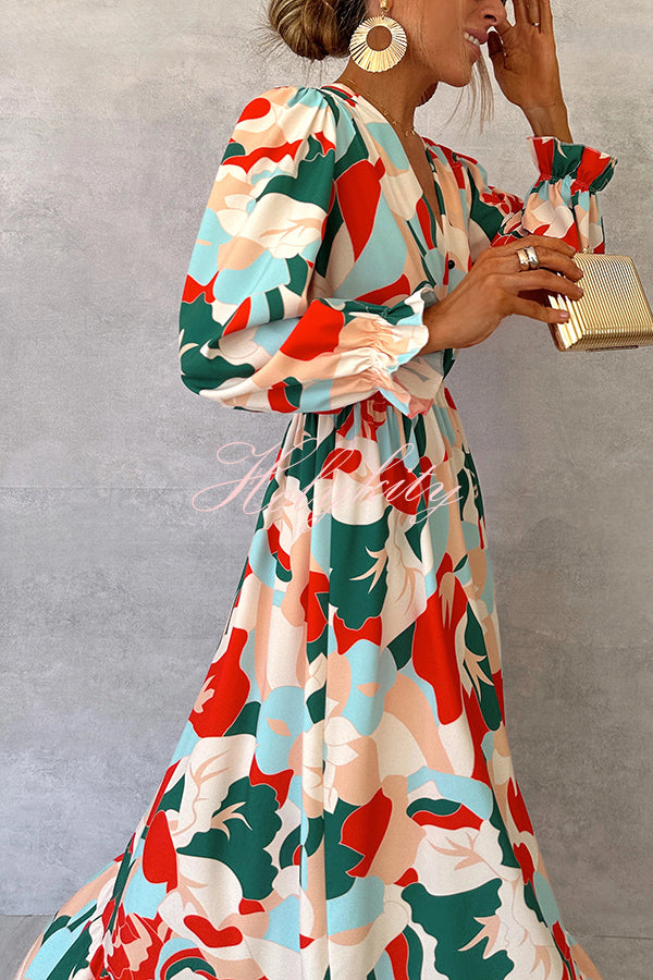 Colorful Printed V-neck Waist High Slit Ruffled Maxi Dress