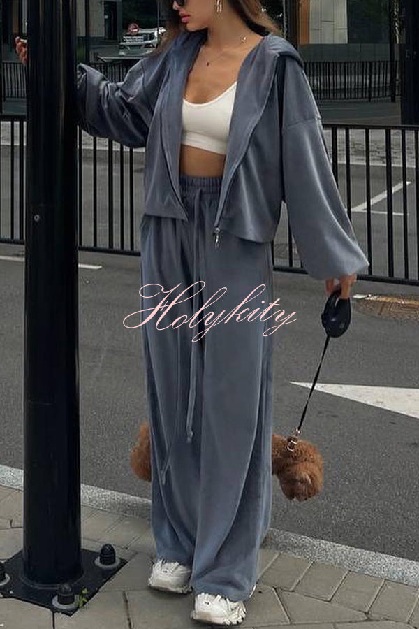 Velvet Casual Zip-up Hooded Top and Elastic Waist Wide Leg Pants Set