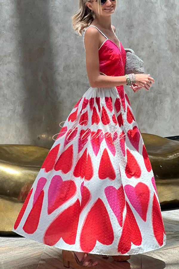 Full of Love Heart Shape Print Cutout Spaghetti Strap Backless Maxi Dress