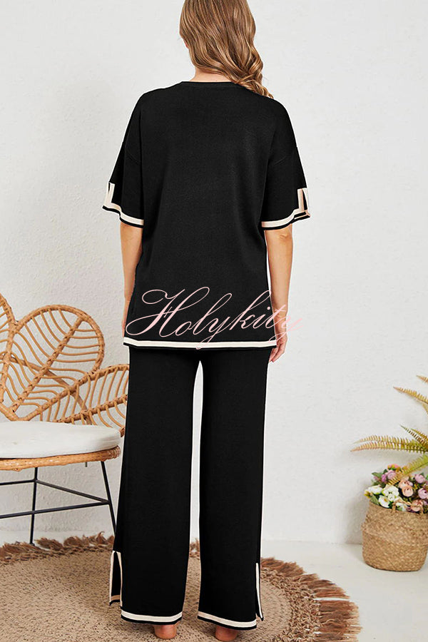 Lounge or Casual Wear Knit Patchwork Color Block Short Sleeve Top and Elastic Wide Leg Pants