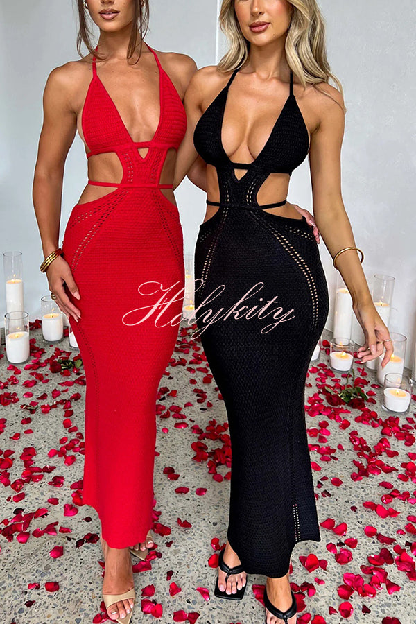 Effortlessly Cool and Sexy Knit Crochet Cutout Halter Tie-up Stretch Maxi Dress