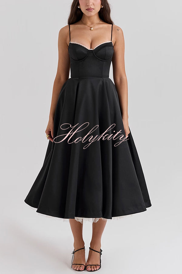 Fairytale Vibe Satin Patchwork Tulle Sweetheart Neck Pocket Stretch Midi Dress