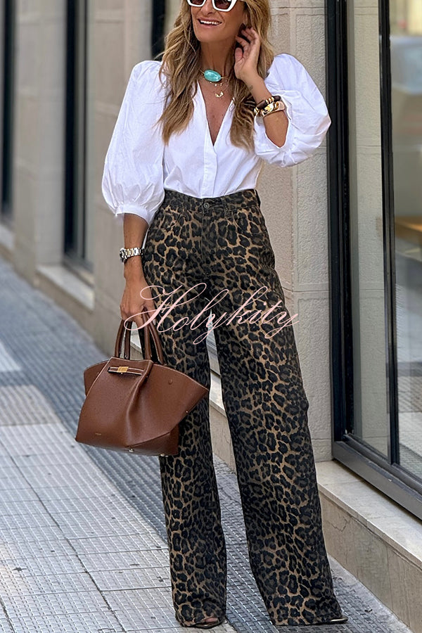 Wild Feel Denim Leopard Print High Rise Wide Leg Pocketed Jeans