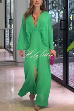 Solid Color V Neck High Waist Slit Casual Maxi Dress