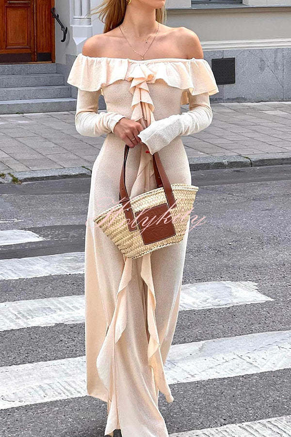 Darling Way Knit Off Shoulder Long Sleeve Drape Ruffles Slit Stretch Maxi Dress