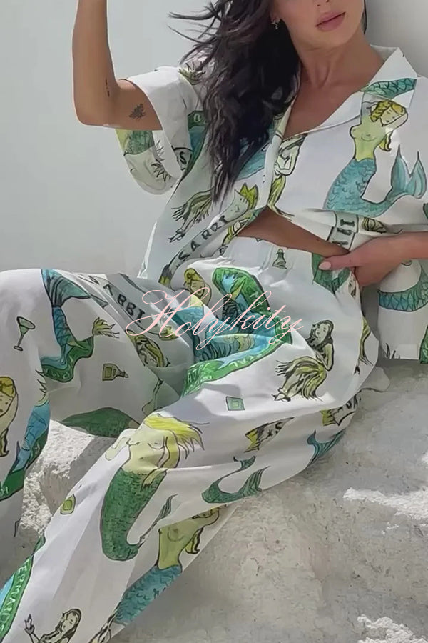 Linen-blend Mermaid-print Shirt Top and Elastic-waisted Loose Pants Set