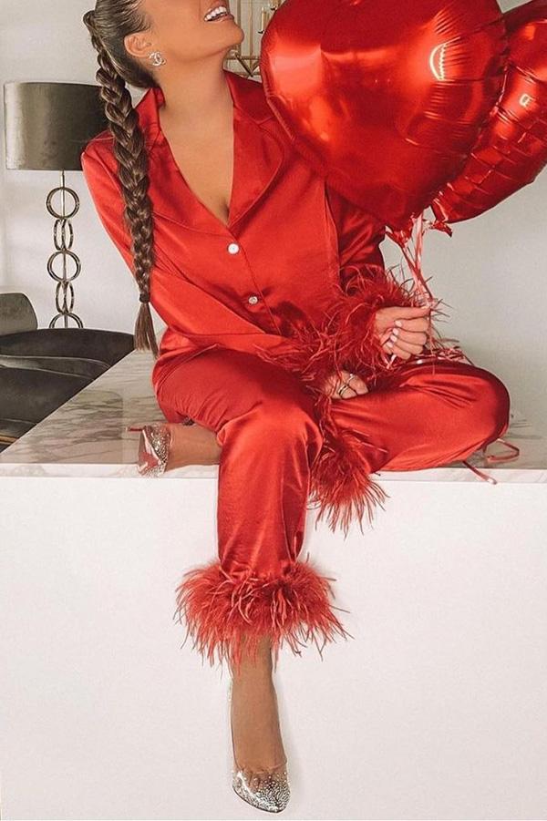 Solid Color Lapel Feather Trousers Two-piece Suit