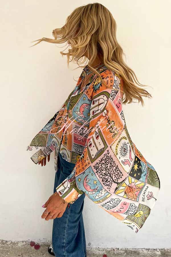 Whimsical Tarot Inspired Print Dolman Sleeve Flowy Shirt and Elastic Waist Wide Leg Pants Set