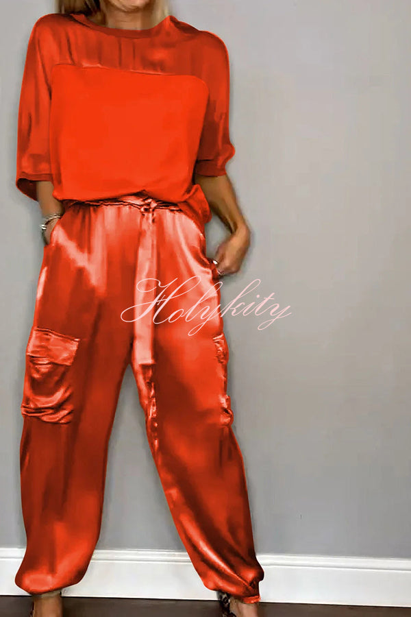 Calissa Smooth Satin Half-sleeved Top and Elastic Waist Pocket Pants Set