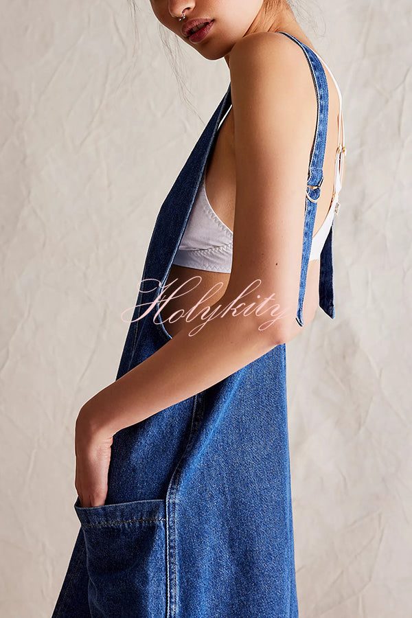 Solid Color Sleeveless V-neck Pocket Adjustable Denim Suspender Mini Dress