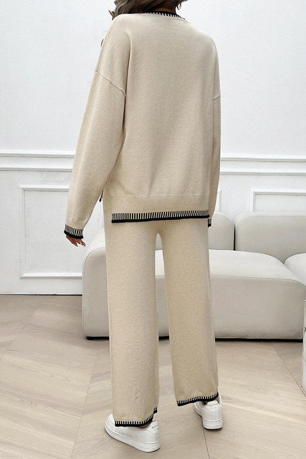 Home Casual Contrasting Color Knitted Sweater and Elastic Waist Loose Pants Set